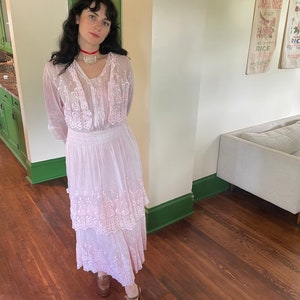 1910s Soft Pink Edwardian Embroidered Gown with Tiered Skirt and Long Sleeves size Small Medium image 2