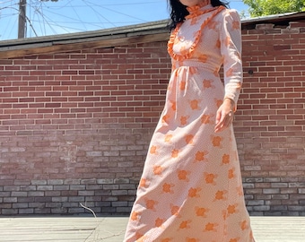 1960s Orange and Cream Polyester Victorian Revivalist Dress size Small