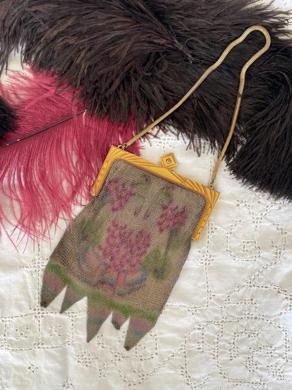 1920s Whiting and Davis Mesh Art Deco Watercolor Floral Coin Purse