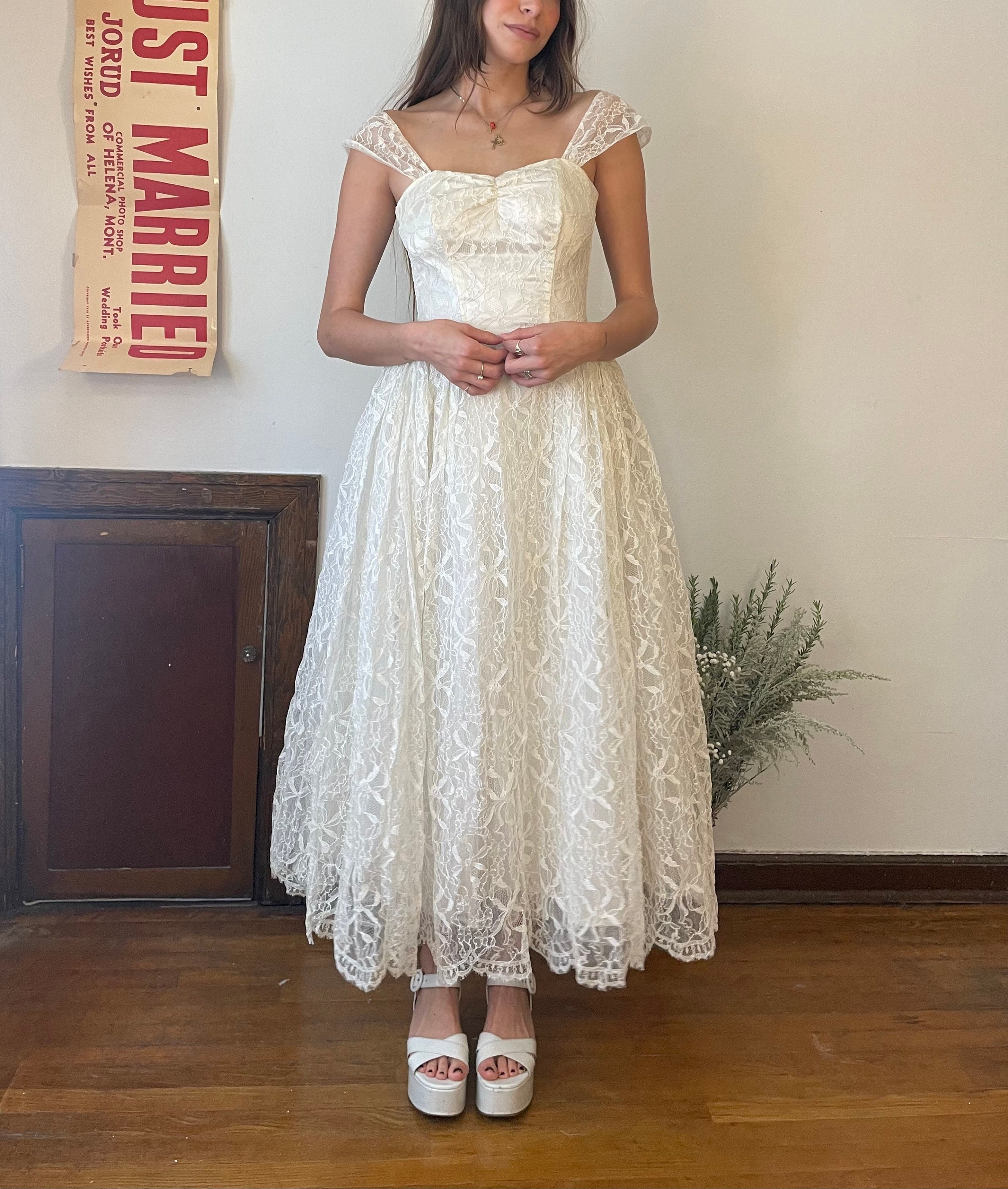 Josefine lace & clip top dot tea length dress