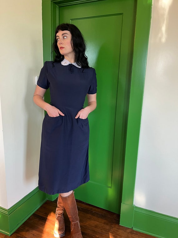 1940s Navy Blue Wiggle Dress with Gem Studded Col… - image 1