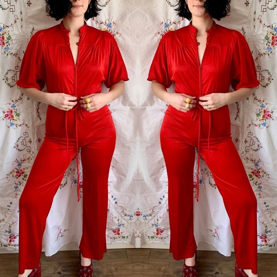 1970s Terri Juniors Red Metallic Jumpsuit size Sma