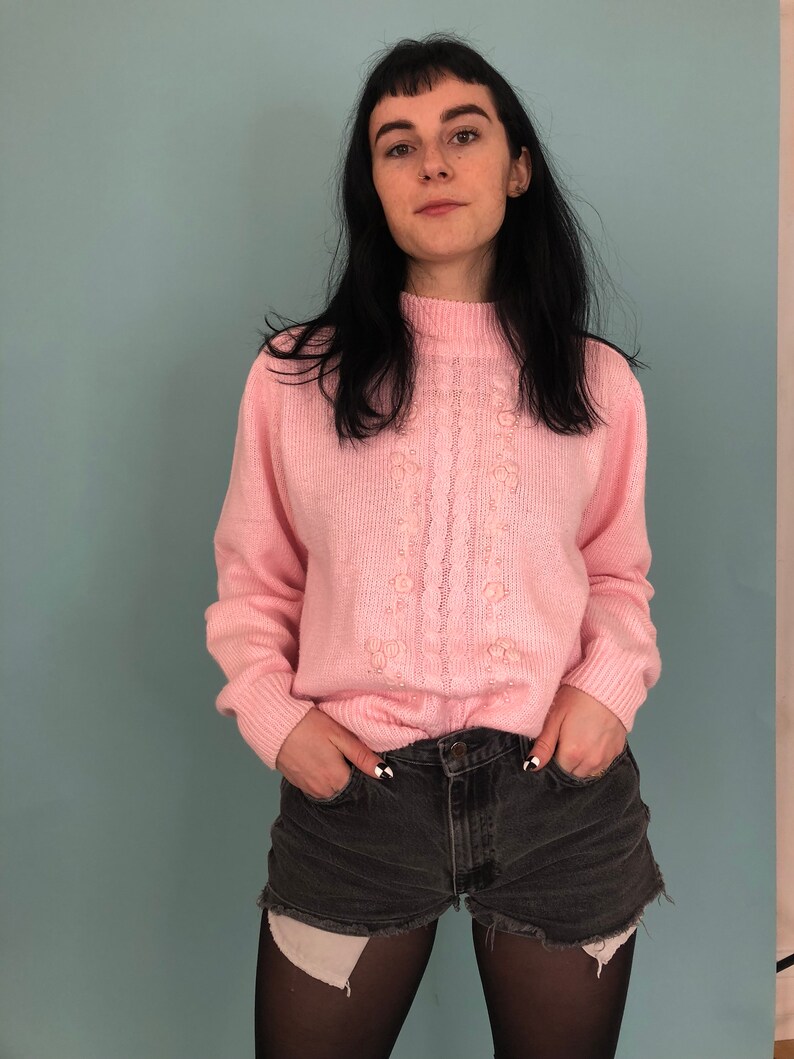 1980s Baby Pink and Rosette High Neck Sweater