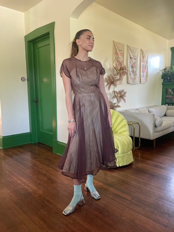 1940s Brown Sheer Overlay Dress with Lace and Satin S… Gem