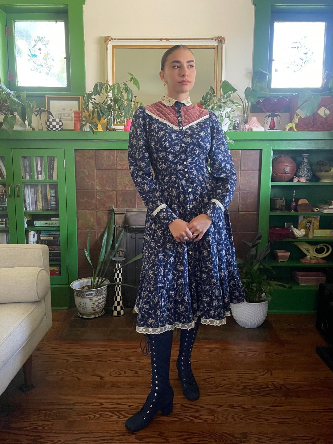 1970s Gunne Sax Navy Floral Calico Prairie Dress With Lace Collar Size ...