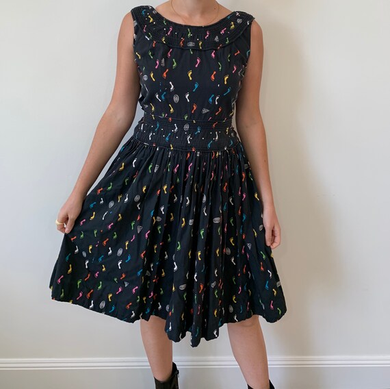 1950s Novelty Print Multicolor Feet Black Cotton D