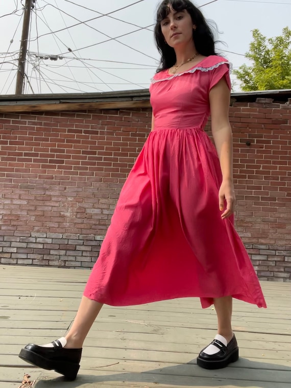 1940s Raspberry Pink Swiss Dot Dress with Sheer Ba