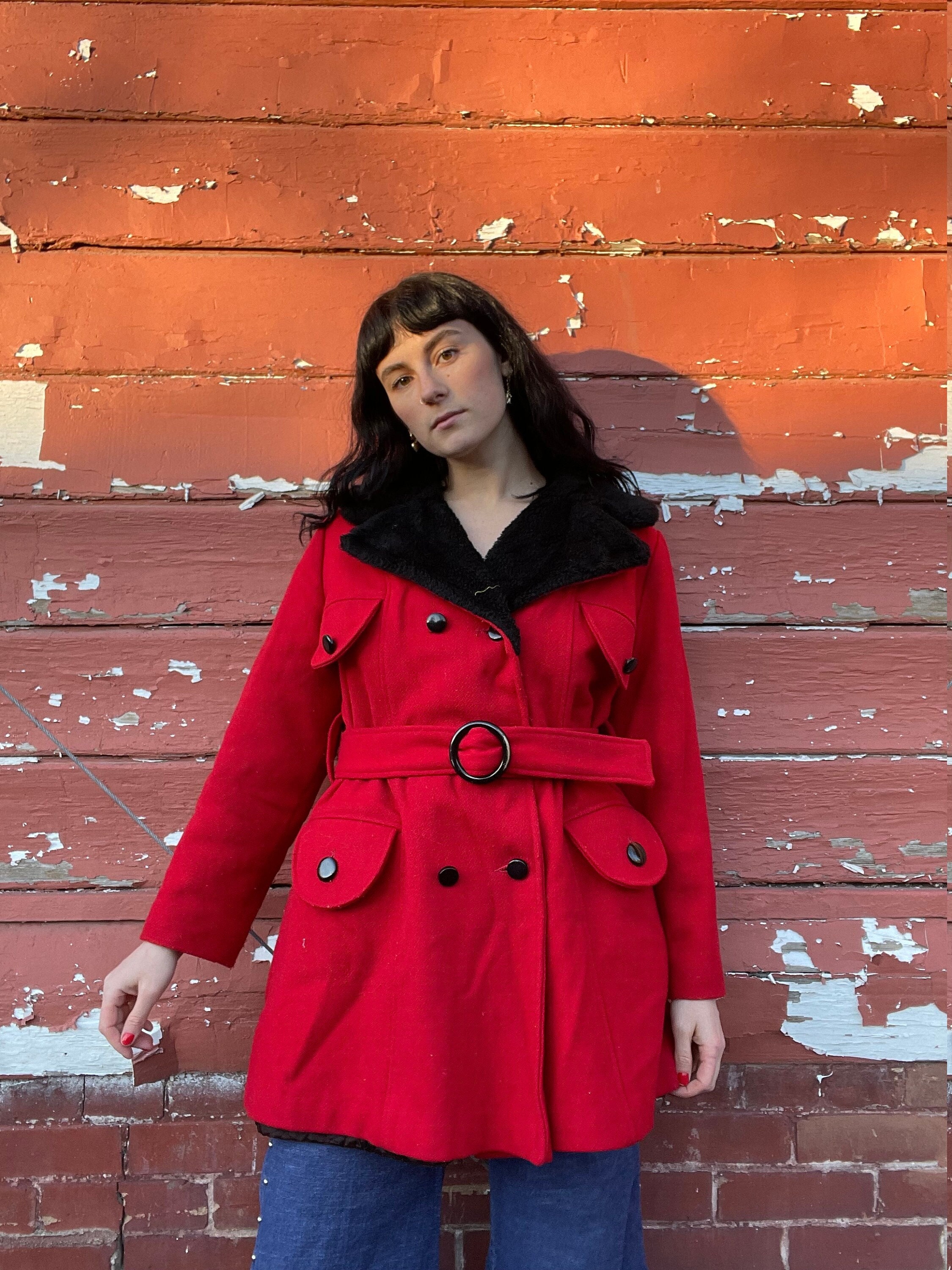 1970s Red Wool Coat With Black Faux Fur Collar and Belt Size Large