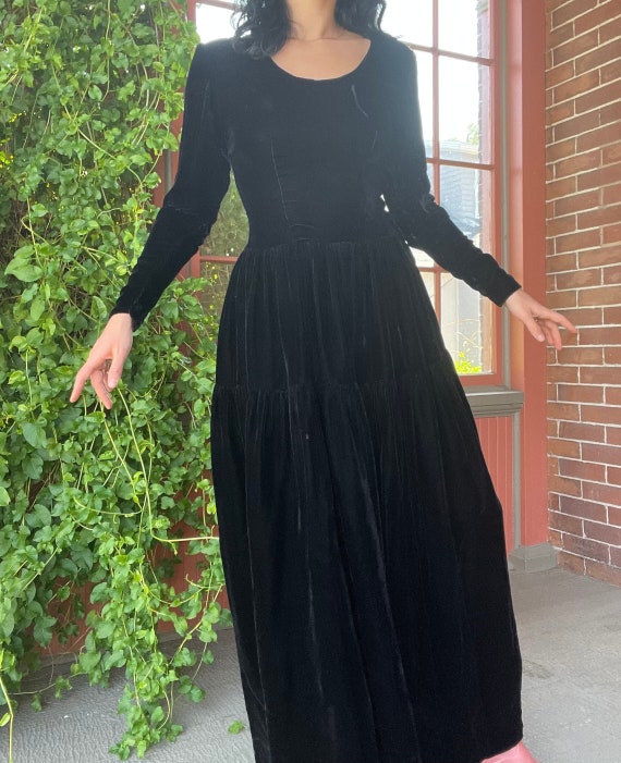 TheThrillVintage 1940s Black Velvet Long Sleeve Dress with Scoop Neck and Tiered Skirt Size Small Medium