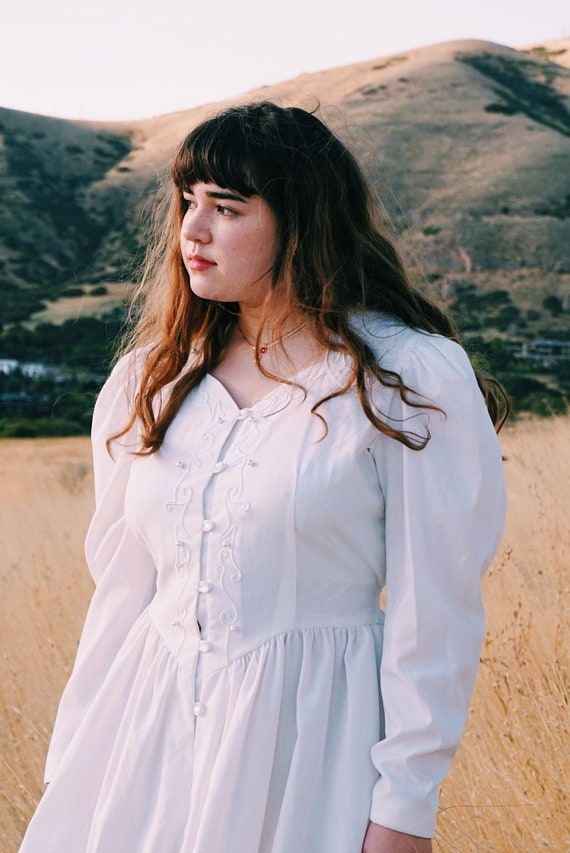 1980s 1970s Western Wear White Cotton Prairie Dres