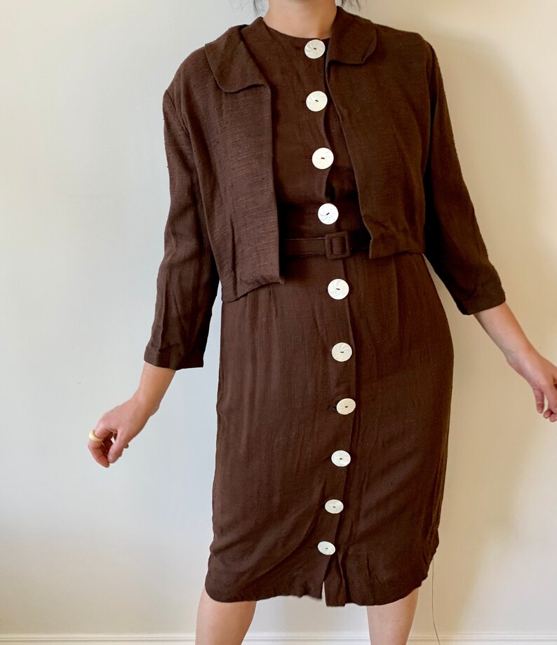 1950s Chocolate Brown Linen Wiggle Shirtdress with Mother of Pearl Carved Buttons and Jacket size Small Medium