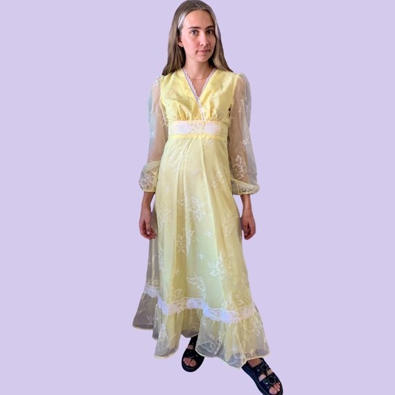 1970s Yellow Chiffon Flocked Floral Prairie Dress
