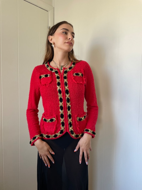 1980s does 1940s Raspberry Soft Knit Cardigan wit… - image 1