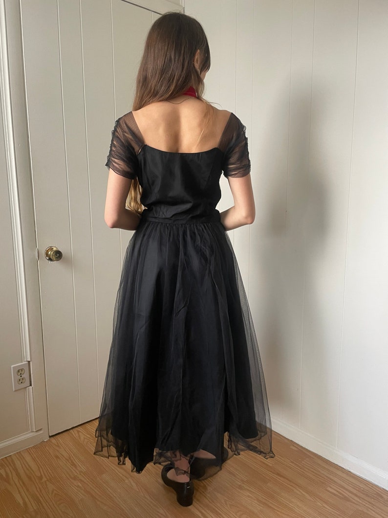 1950s Black Lace and Tulle Gown with Full Skirt and Shelf Bust size Small image 2