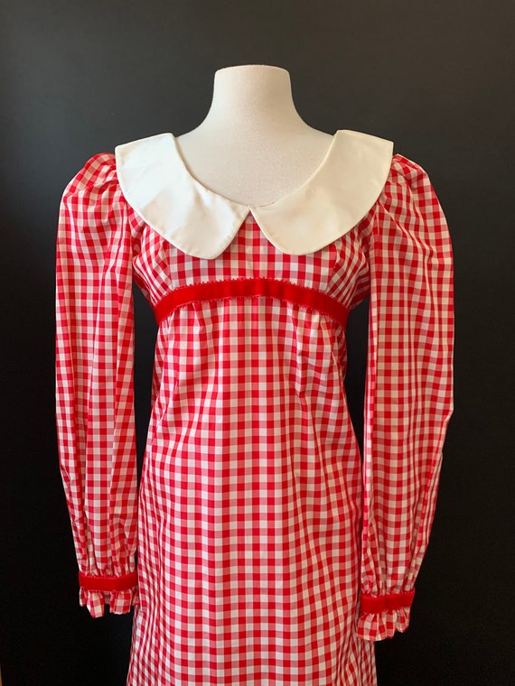 1960s Gingham Red and White Taffeta Mod Dress wit… - image 1