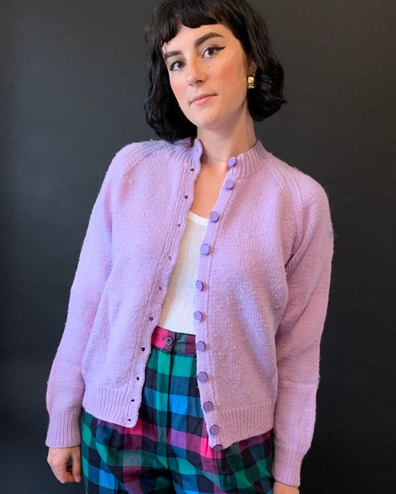 1960s Lilac Purple Wool Handknit Cardigan size Sma