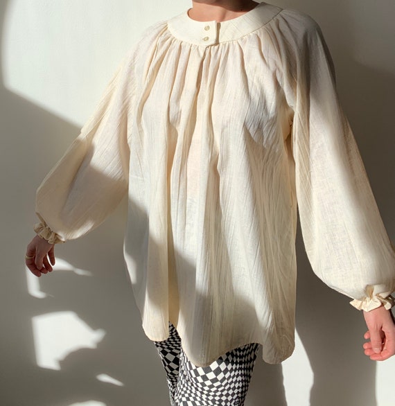 1970s Cream Cotton Flax Peasant Blouse Tunic with