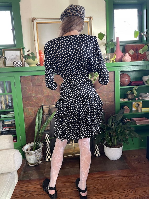 1980s Black and White Polka Dot Silk Dress size 2… - image 2