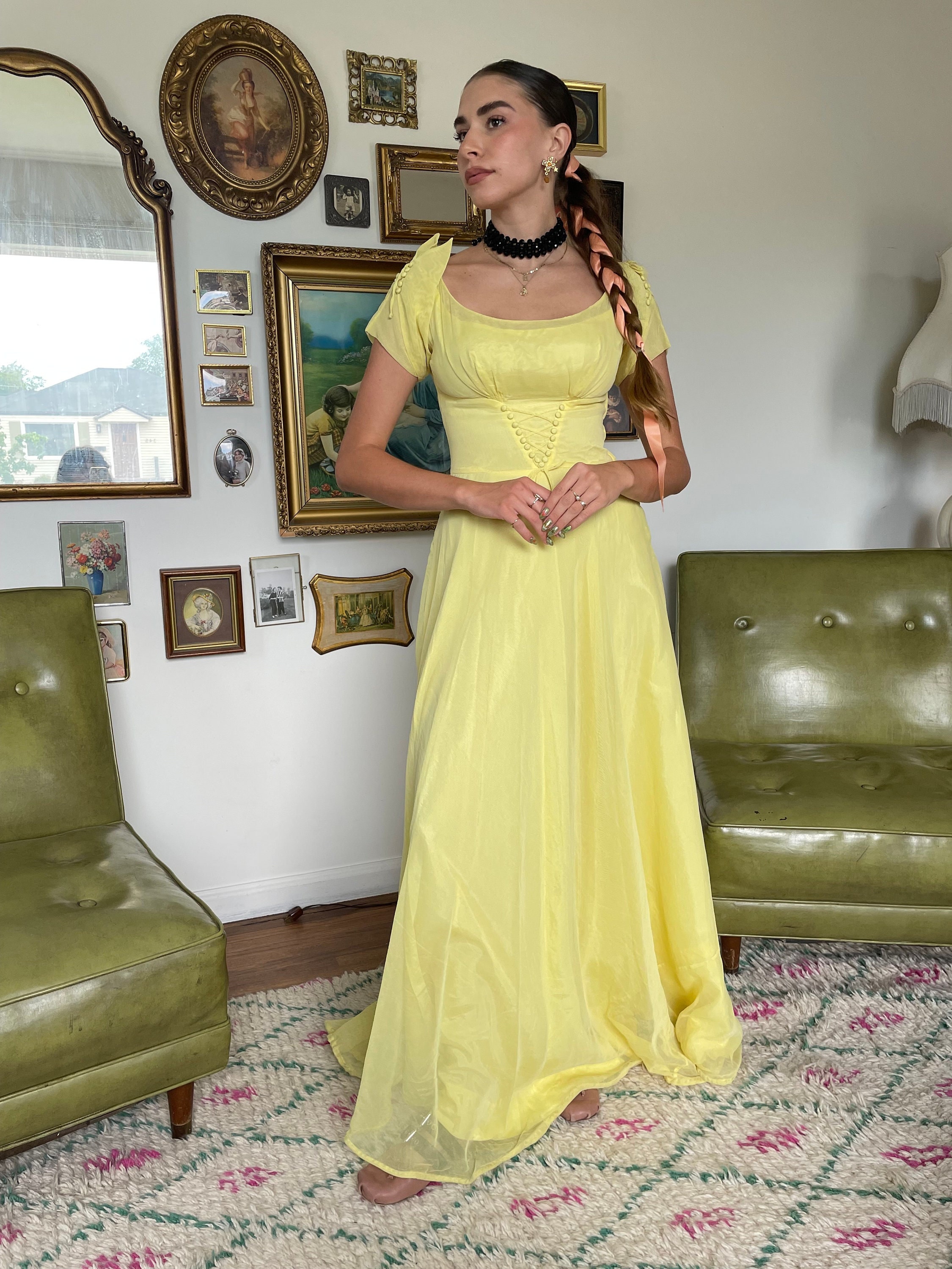 1940s Ethereal Banana Yellow Gauzy Sheer Layered Gown With