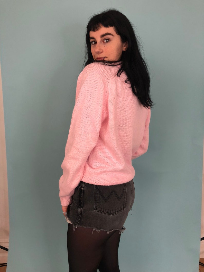 1980s Baby Pink and Rosette High Neck Sweater