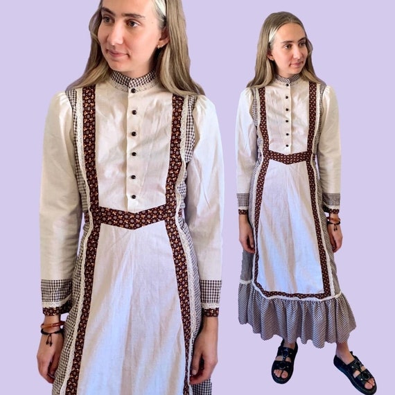 1970s Autumnal Cotton Prairie Dress size XS Small