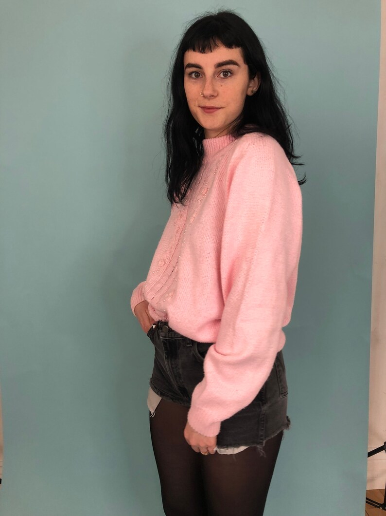1980s Baby Pink and Rosette High Neck Sweater