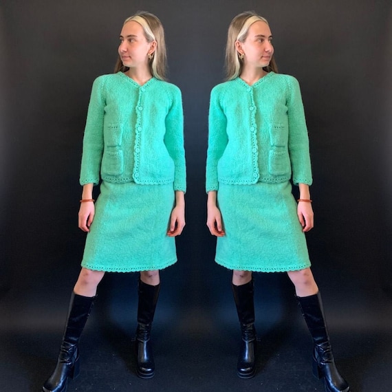 1940s Minty Green Knit Cardigan and Skirt Matching