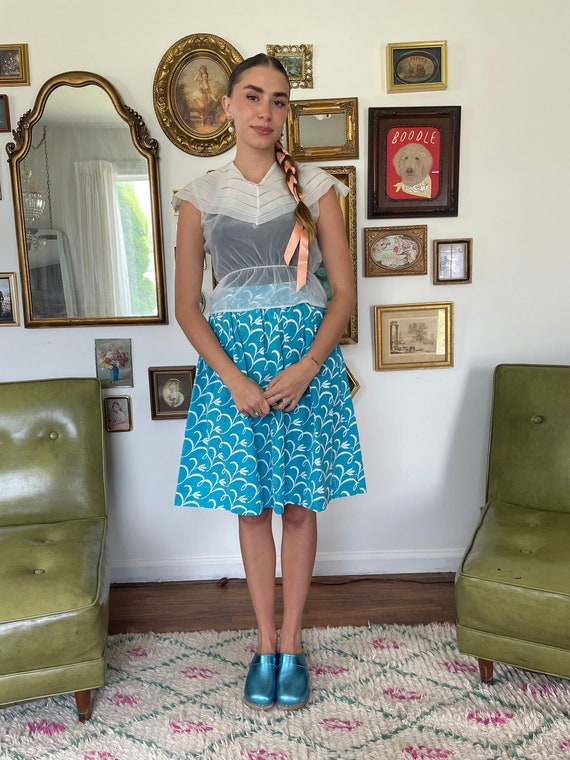 1940s Aqua Blue Floral Full Skirt size Small