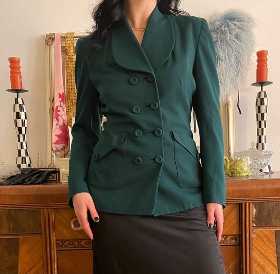 1940s Forest Green Garbadine Double Breasted Blazer size Small Medium