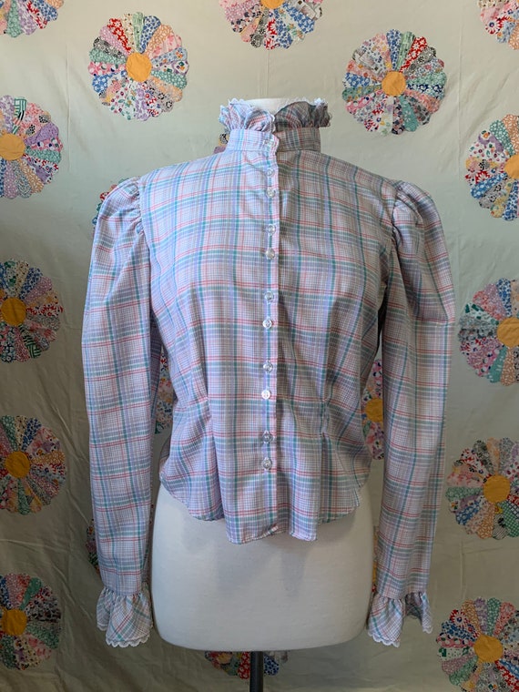 1970s does Victorian Plaid Pastel Blouse with Ruff
