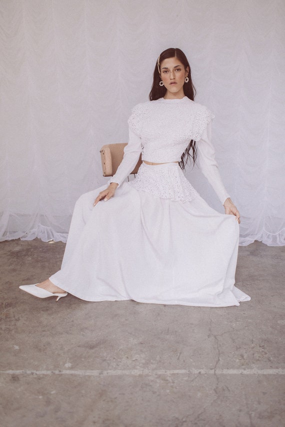 1940s White Two-Piece Gown with Crochet Details si