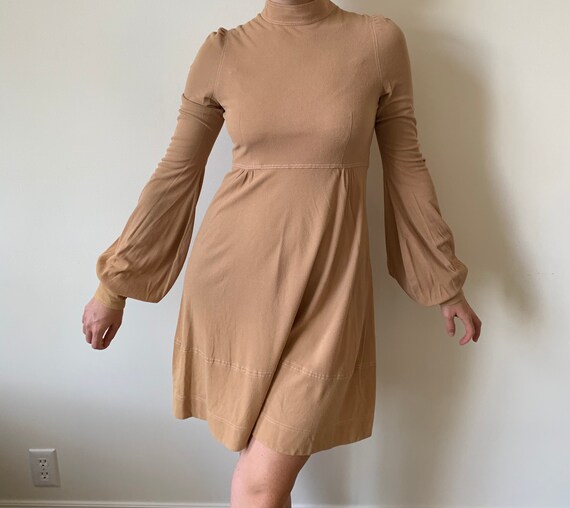 1970s Camel Turtleneck Dress with Bishop Sleeves s