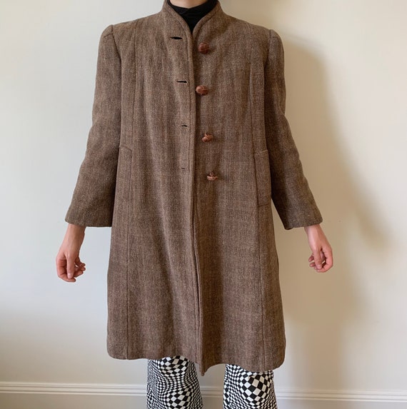 1940s Brown Tweed Coat with Shoulder Pads and Leat