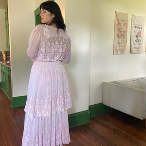 1910s Soft Pink Edwardian Embroidered Gown with Tiered Skirt and Long Sleeves size Small Medium image 3