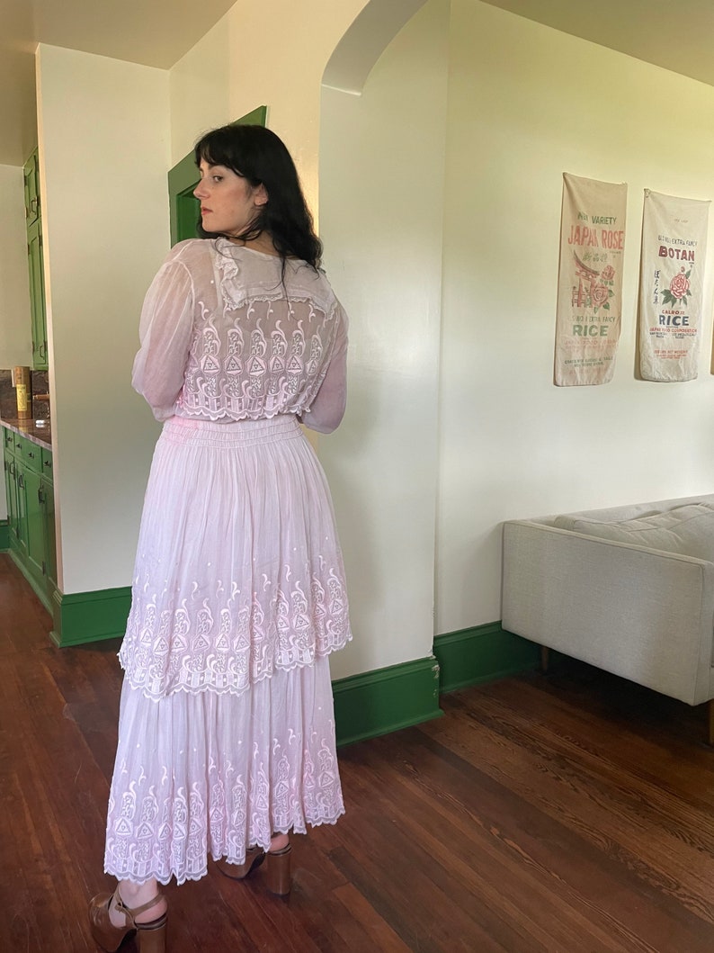 1910s Soft Pink Edwardian Embroidered Gown with Tiered Skirt and Long Sleeves size Small Medium image 3