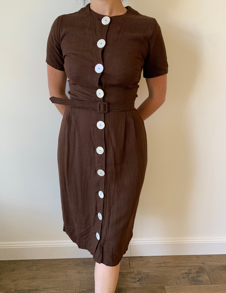 1950s Chocolate Brown Linen Wiggle Shirtdress with Mother of Pearl Carved Buttons and Jacket size Small Medium