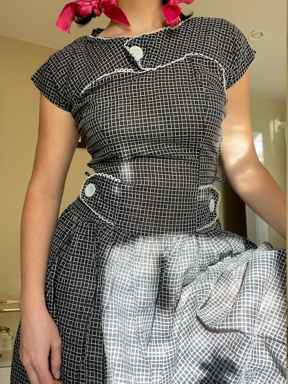 1940s Black and White Plaid Shirtdress size Small