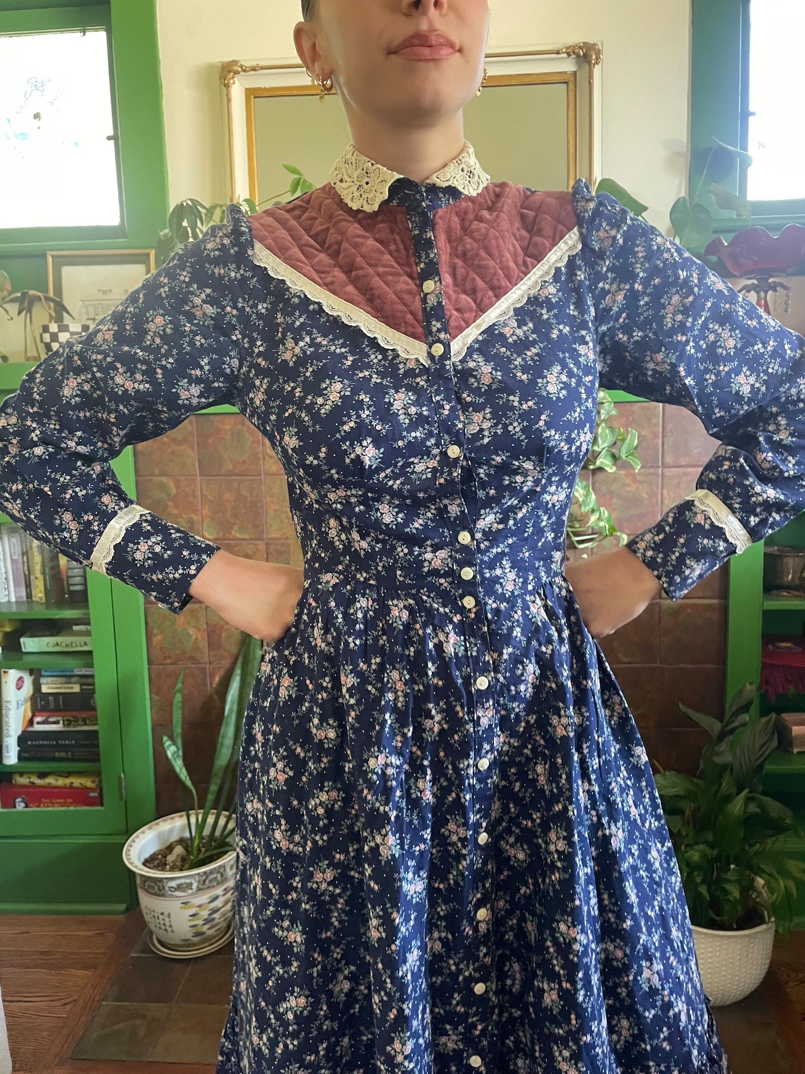 1970s Gunne Sax Navy Floral Calico Prairie Dress With Lace Collar Size ...