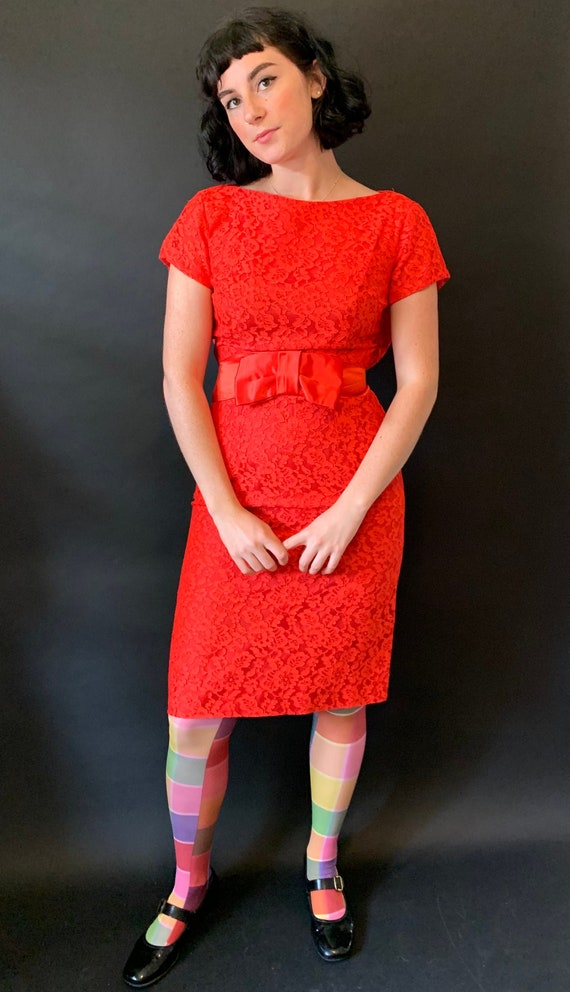 1950s Carol Craig Red Lace Pencil Dress with Bow s