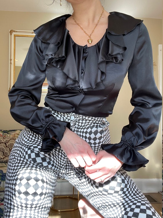 1970s Black Satin Blouse with Ruffle Collar size X