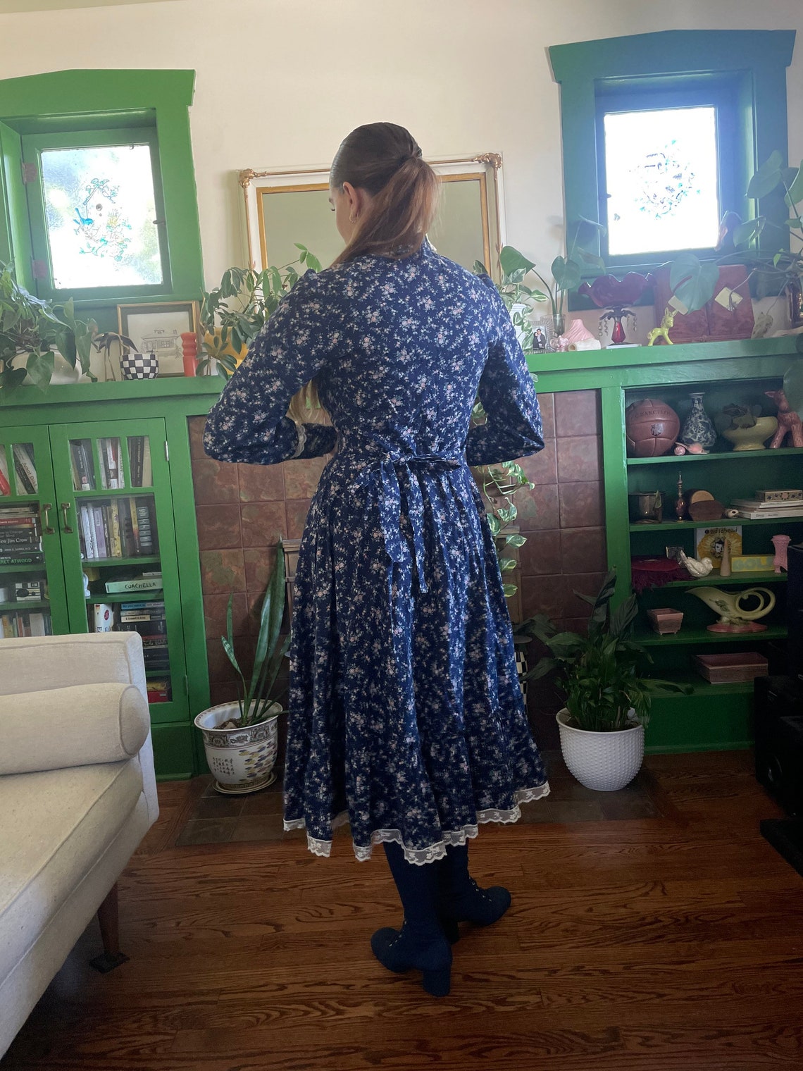 1970s Gunne Sax Navy Floral Calico Prairie Dress With Lace Collar Size ...