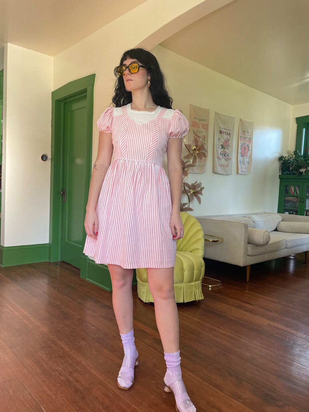 1940s Candy Stripe Pink and White Cotton Babydoll Dress Size Small
