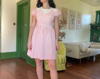 1940s Candy Stripe Pink and White Cotton Babydoll Dress size Small