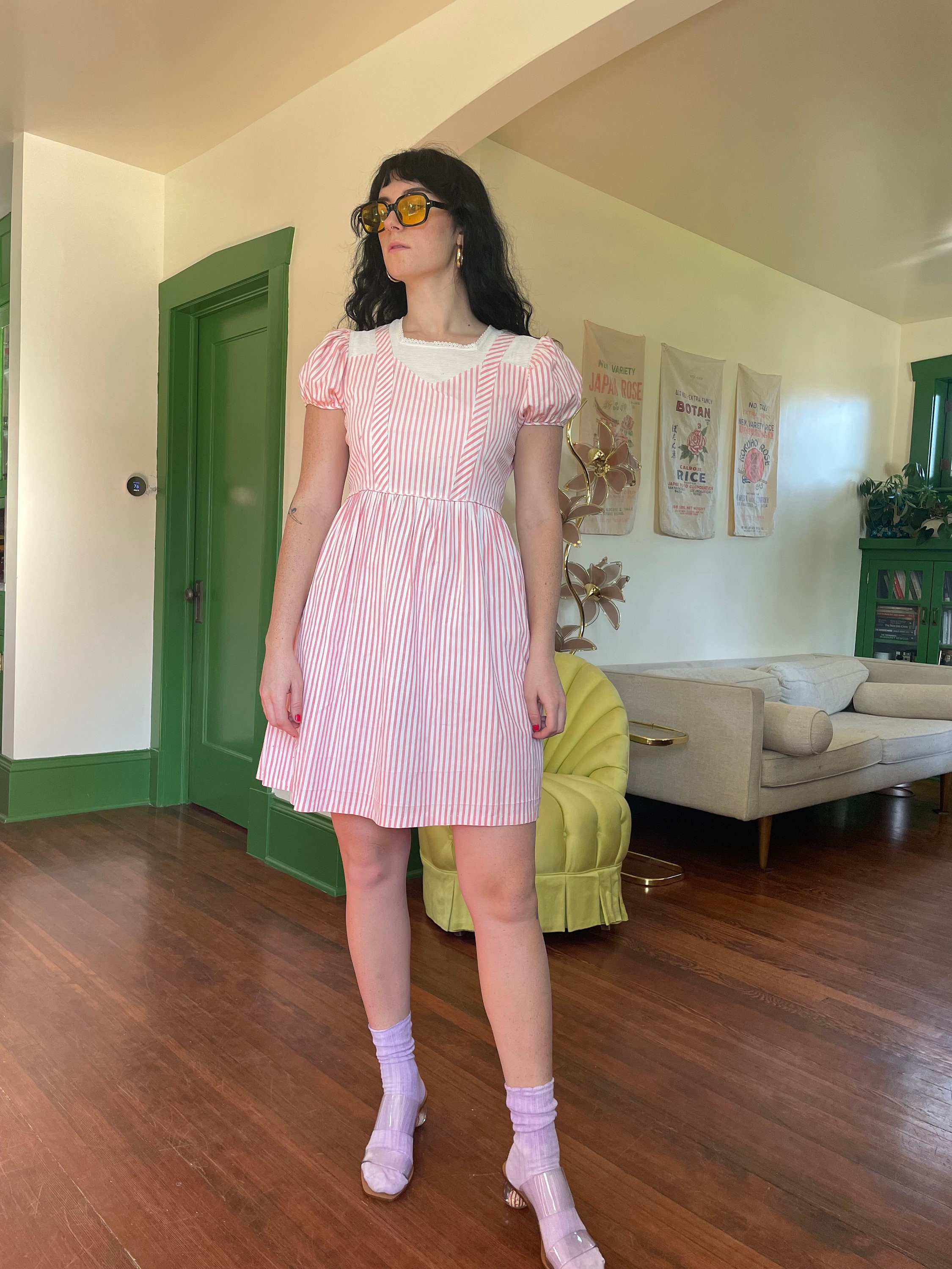 Candy Stripe Dress: a plus size pastel rainbow outfit featuring a Gal Meets  Glam collection dress and the Tory Burch Kira Chevron Bucket Bag in pink.