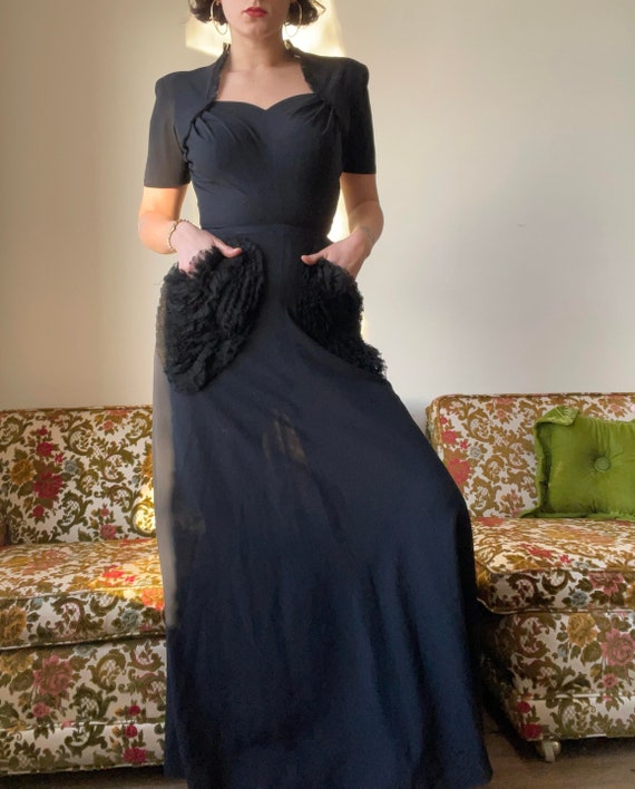 1940s Black Rayon Gown with Piqued Shoulders, Swee