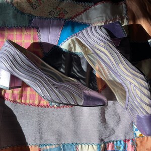 Pu&ograve; includere: Un paio di scarpe con tacco in rete viola con un motivo ondulato. Le scarpe hanno un tacco a blocco basso e una punta a punta.