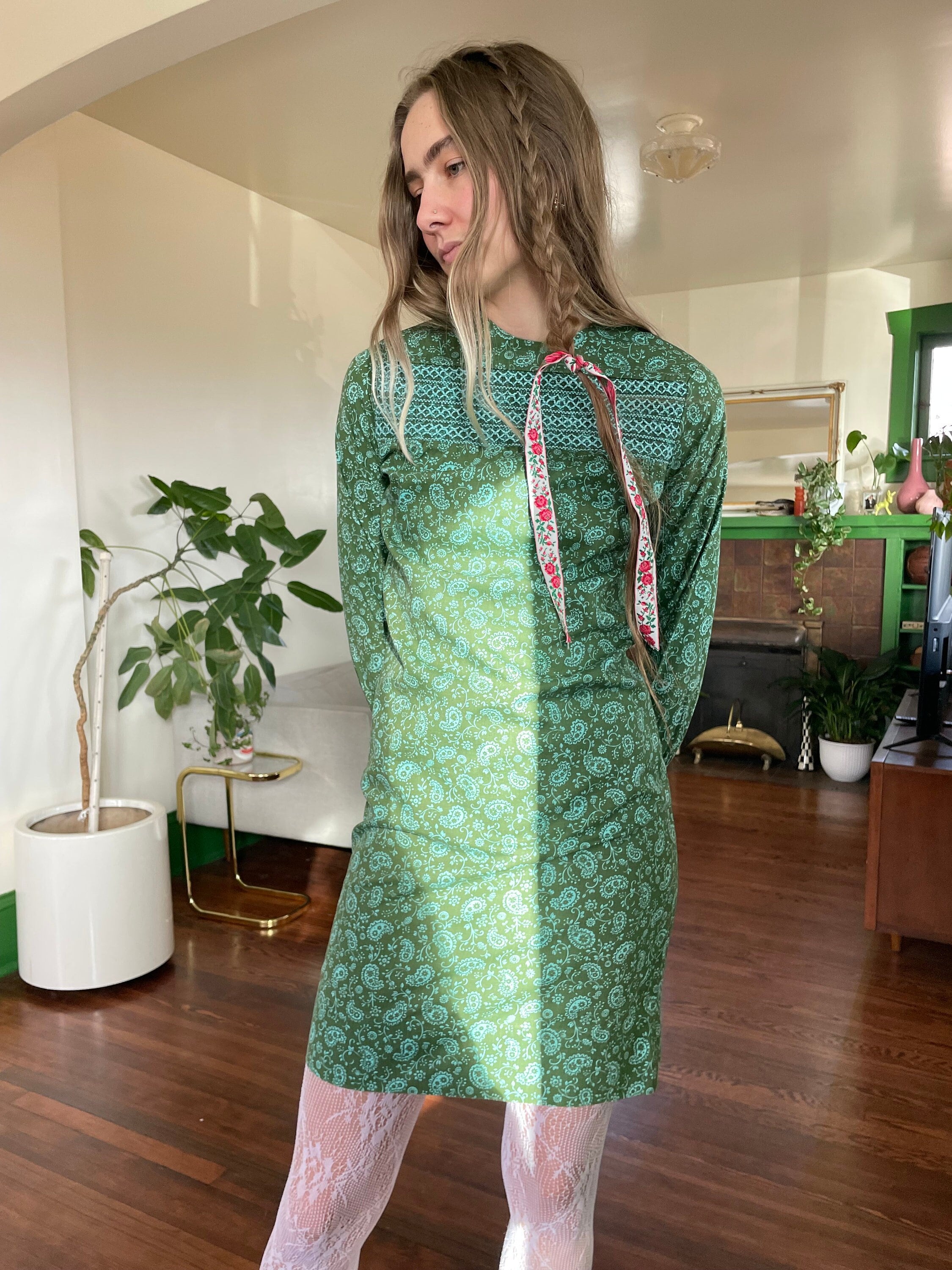 1960s Mod Mini Green and Blue Paisley Smocked Yoke Shift Dress
