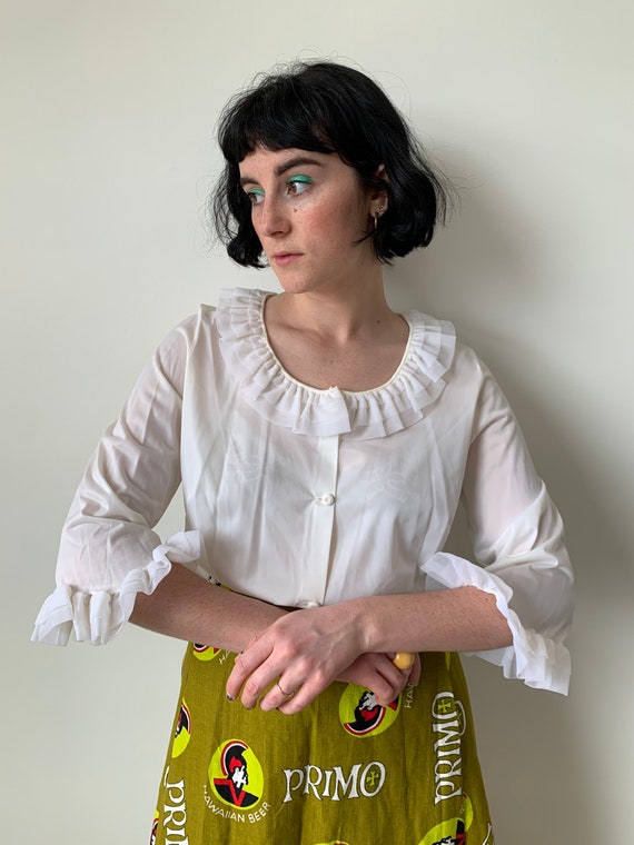 1950s White Tricot White Ruffle Blouse with Ruffle
