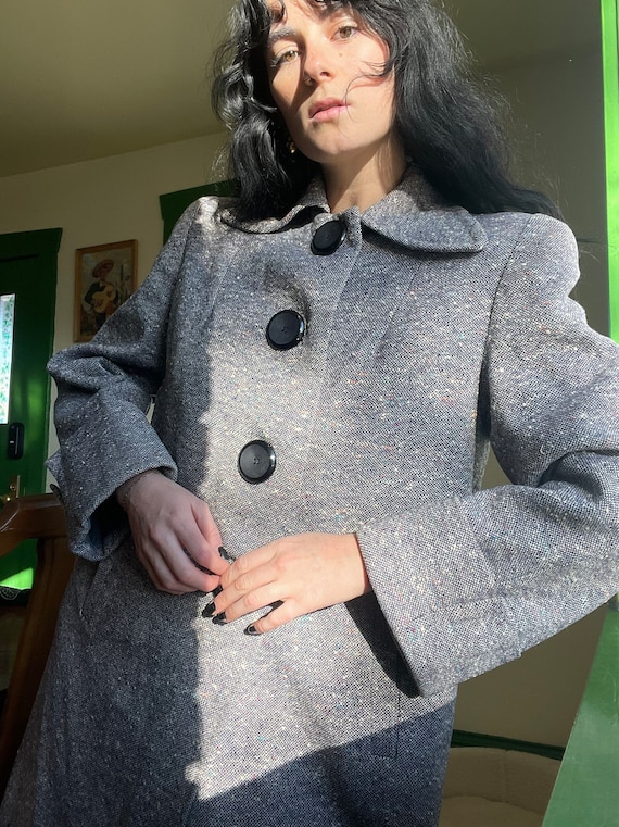 1940s Rainbow Speckle Tweed Navy Coat with Struct… - image 2