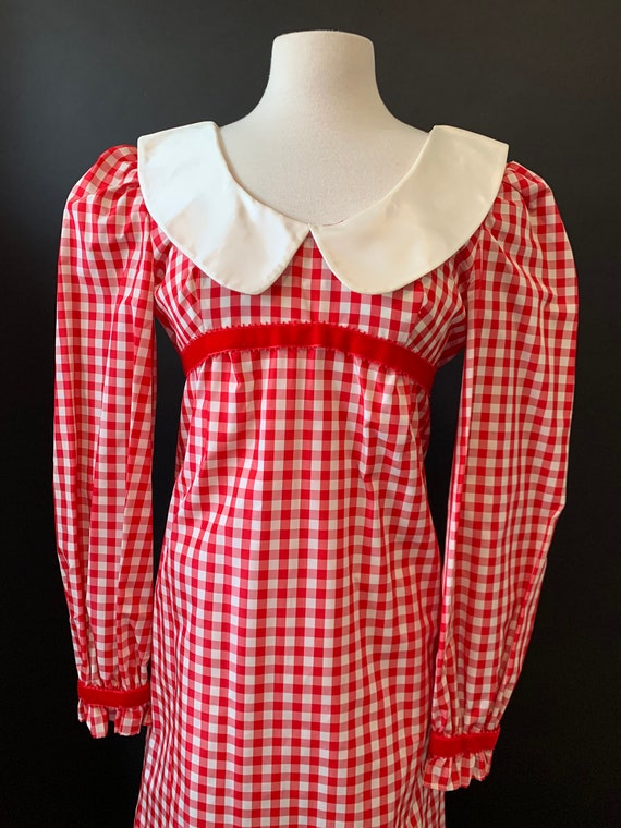 1960s Gingham Red and White Taffeta Mod Dress wit… - image 2